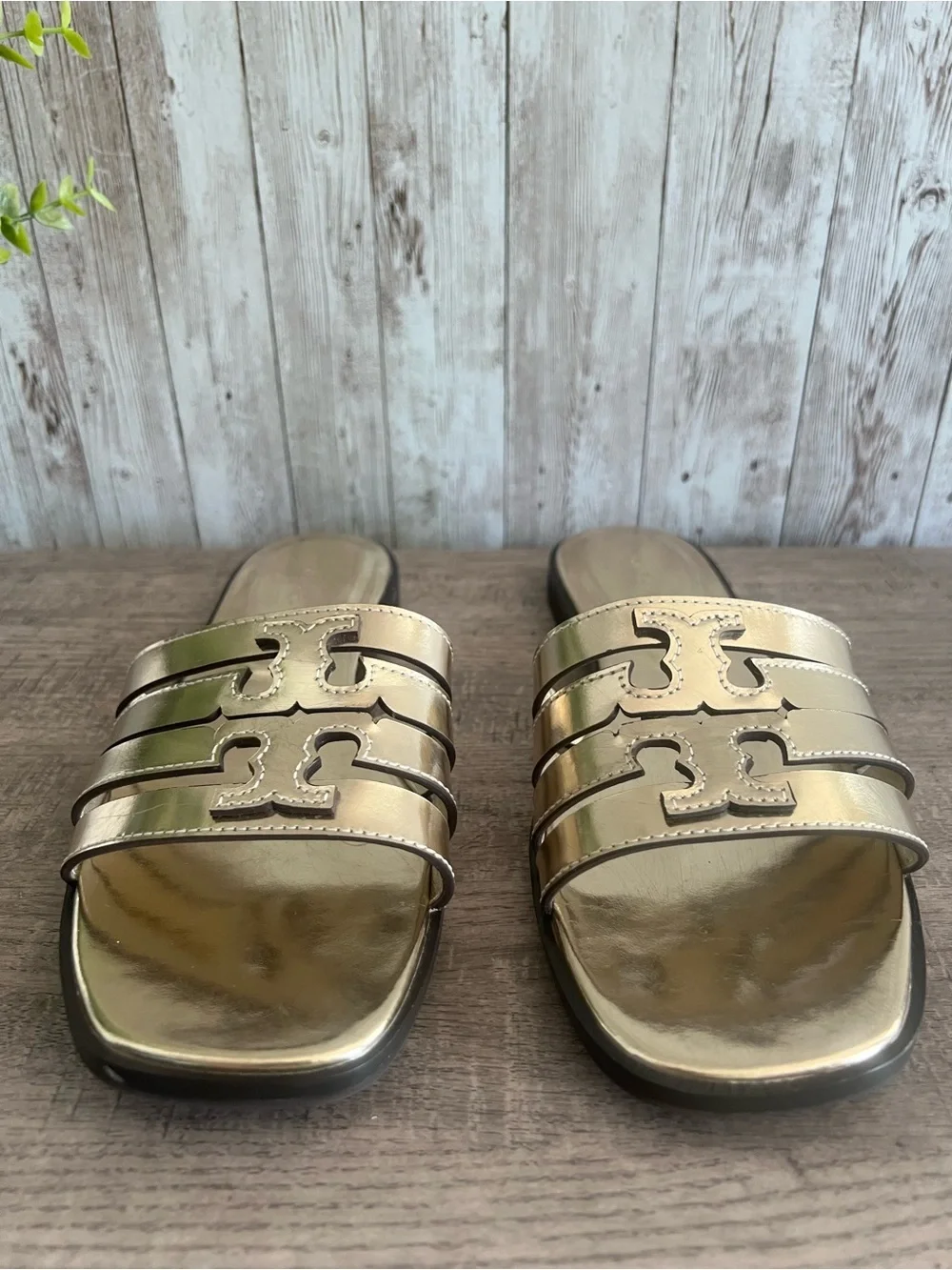 Tory Burch Ines Metallic Gold Triple-Strap Slide Sandals Size 7